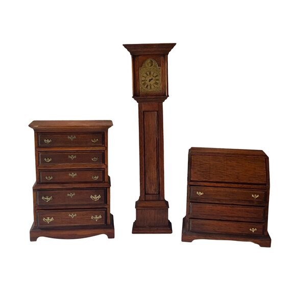 Doll House Miniature Furniture Brown Wood Tall Boy, Desk & Grandfather clock VTG - Picture 1 of 16